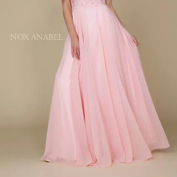NEW LONG SLEEVELESS A-LINE CHIFFON DRESS EMBROIDERED WITH RHINESTONES NX Y009 - Picture 5 of 8